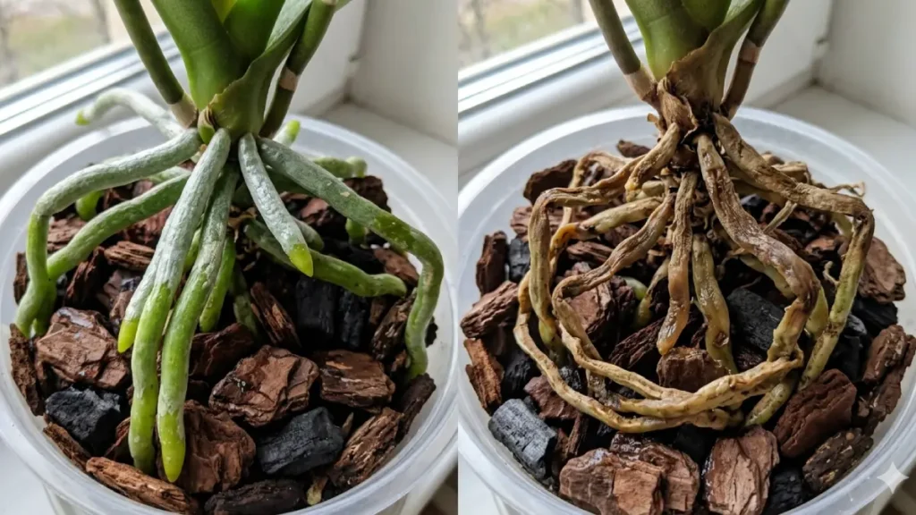 Orquídeas com raízes saudáveis e podres. Como salvar orquídea com raiz podre