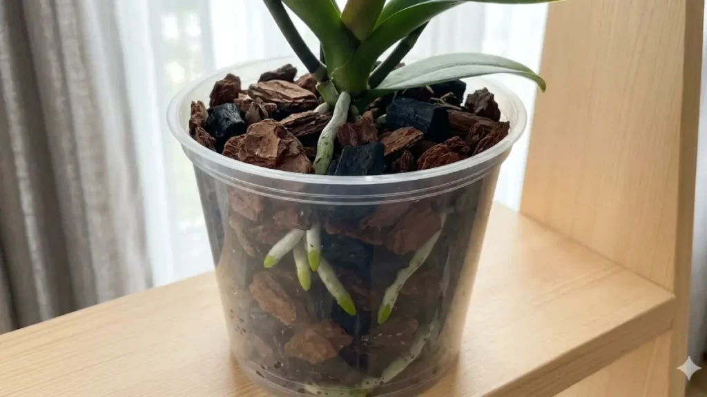 Orquídea em vaso transparente com substrato.