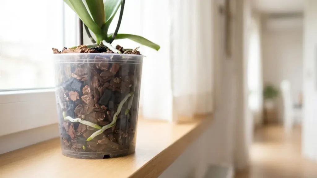 Orquídea em vaso na janela.
