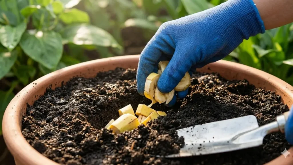 Close de uma mão com luva de jardinagem enterrando pedaços de casca de banana fresca em terra preta úmida de um vaso de terracota, demonstrando a aplicação correta de adubo caseiro com casca de banana.