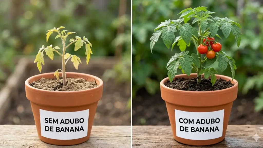 Comparação side-by-side de dois tomateiros em vasos idênticos; o da esquerda é pálido e fraco (SEM ADUBO DE BANANA) e o da direita é verde vibrante com tomates cereja (COM ADUBO DE BANANA), provando a eficácia do adubo caseiro com casca de banana.