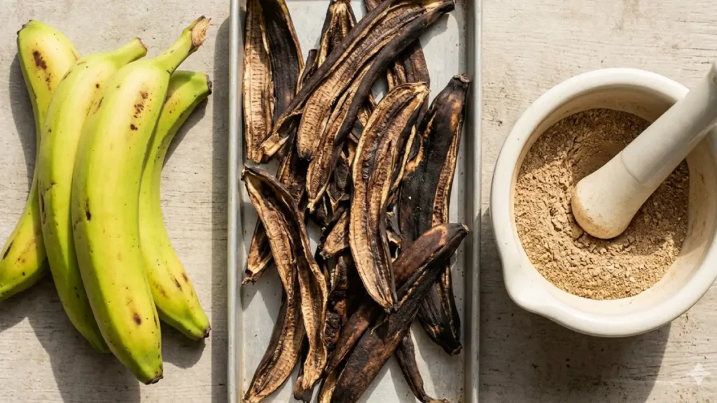 Flat-lay mostrando cascas de banana frescas, cascas desidratadas escuras e pó marrom fino em um almofariz, detalhando como fazer adubo caseiro com casca de banana em pó.