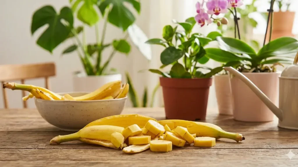 Close de cascas de banana picadas em uma mesa de madeira ao lado de plantas saudáveis, ilustrando o preparo de adubo caseiro com casca de banana.