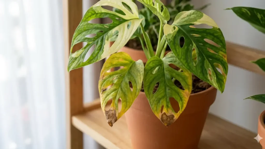 Close-up de folhas de Monstera com bordas amareladas e secas. Detalhe visual de como identificar se a sua planta está morrendo após a compra devido ao choque de transplante ambiental.