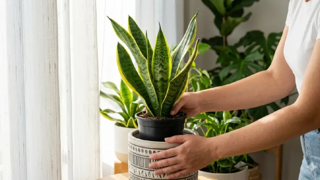 Pessoa colocando uma planta em vaso de plástico dentro de um cachepô decorativo em sala iluminada. O foco é evitar que a planta está morrendo após a compra por erros de troca de vaso imediata.