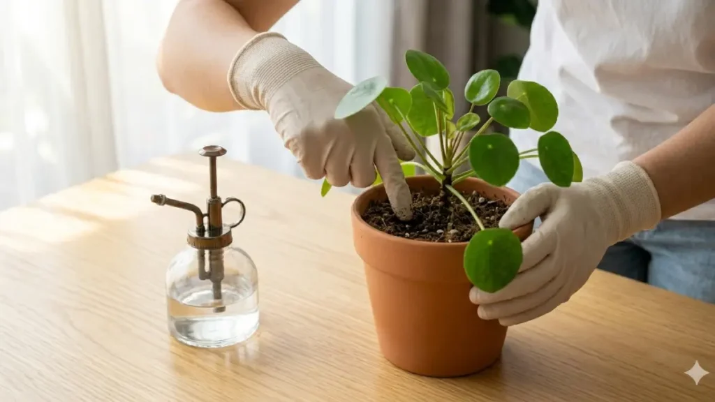 Mãos testando a umidade do solo com o dedo em um vaso de planta Pilea. Técnica essencial para quem sente que sua planta está morrendo após a compra por excesso de rega (overwatering).