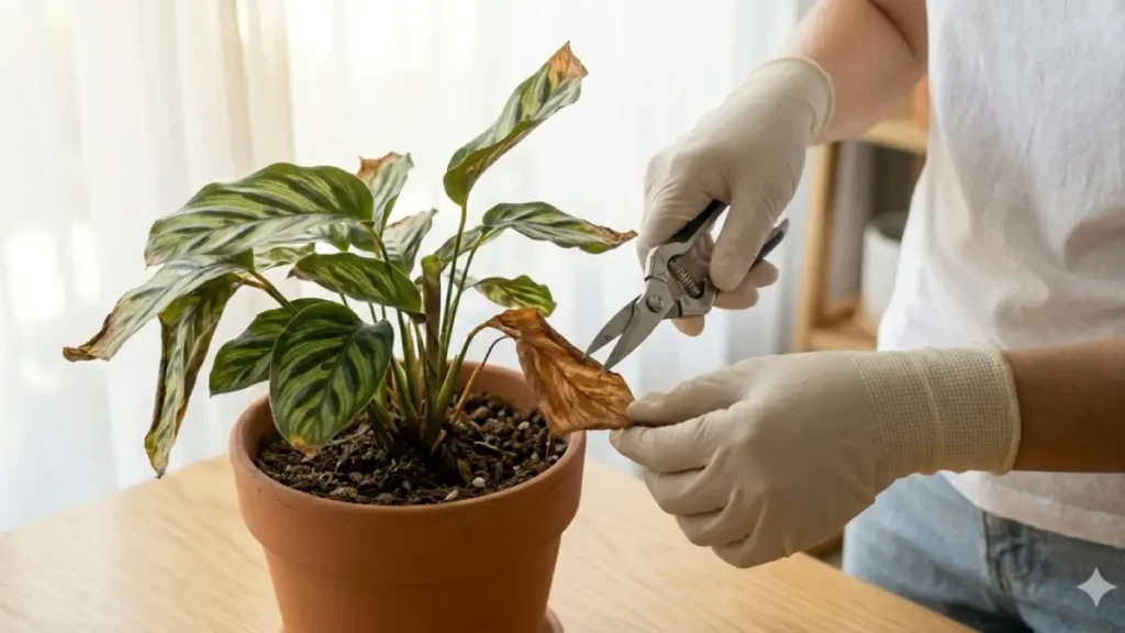 Tesoura de poda removendo folhas secas e marrons de uma Calathea. Procedimento de emergência para salvar uma planta está morrendo após a compra e redirecionar energia para novos brotos.