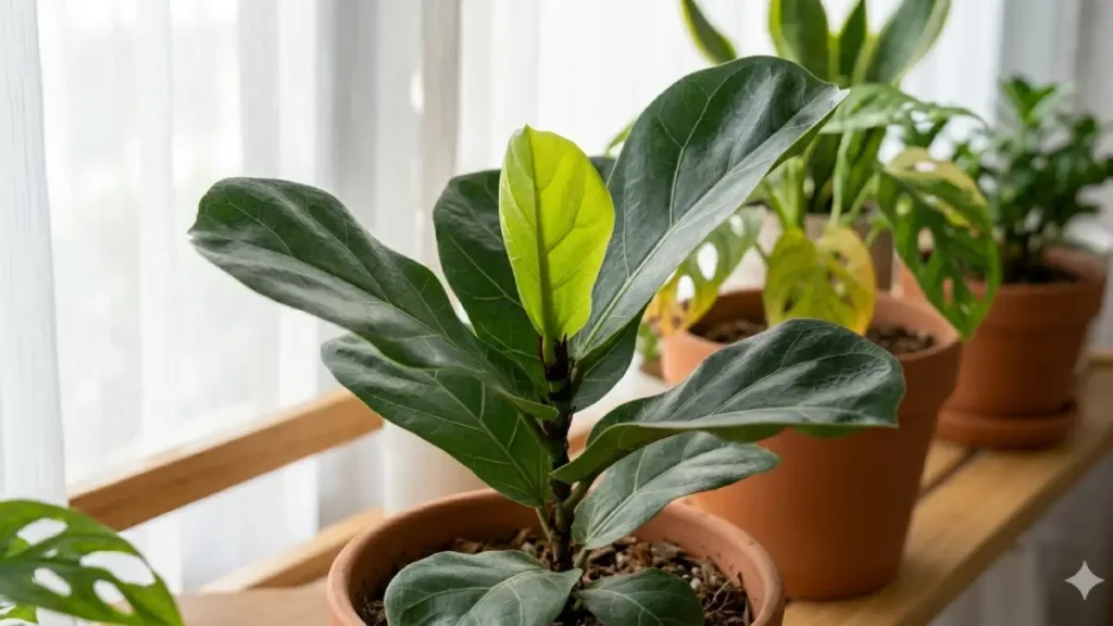 Broto verde e saudável surgindo no topo de uma Ficus lyrata. Imagem de recuperação bem-sucedida de uma planta está morrendo após a compra após o período de aclimatação correta.